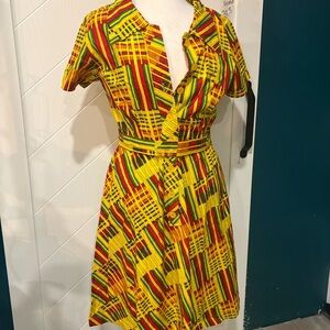 . Vintage Kente Print Button-Front Midi Dress Size 8/‎ 60’s Retro/ movie prop